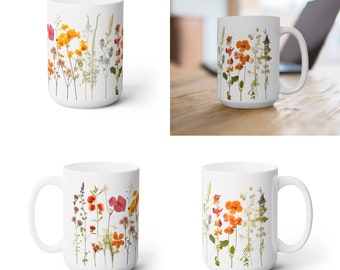 Pressed Flower Boho Design Ceramic Coffee Mug 15oz #2 | Dishwasher & Microwave Safe | Unique Artistic Coffee and Tea Cup | Perfect Gift Idea