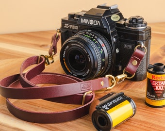 Slim Skinny Adjustable Length Leather Camera Strap - Quick Release with Leather Extenders, Bumpers