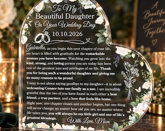 Custom Daughter Wedding Day Heart Plaque, Personalized Bride Gift From Single Mom, Mother To Daughter Wedding Gifts, Birth Flower Keepsake