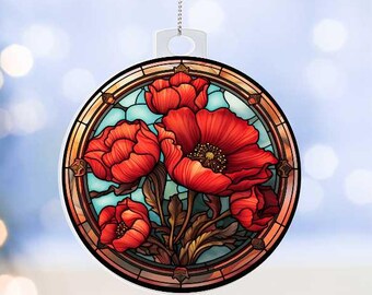 Poppy Flowers Acrylic Ornament For August Birth Flower Faux Stained Glass Poppy Flower Ornament For August Birth Month Keepsake Gifts