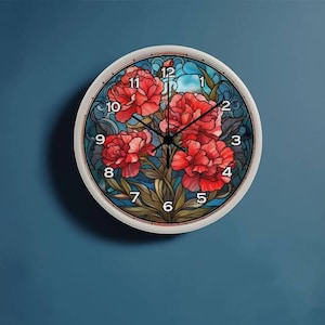 Carnation Flowers January Birth Flower Faux Stained Glass Analog Clock For January Birthday Gift For Mom Home Decoration For Housewarming