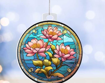 Water Lily Ornament For July Birth Flower Gift For July Birthday Water Lily Keepsake Faux Stained Glass Ornament For Gift For Mom Keepsakes