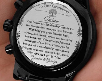 Personalized Grandson Watch, Gift From Grandparents, Custom Black Chronograph Engraved Watch, Men's Christmas Present, Graduation Keepsake