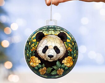 Panda Bear Faux Stained Glass Acrylic Christmas Ornament Gift For Animal Lover Gift For Panda Ornament Nature Lover Gift Floral Artwork