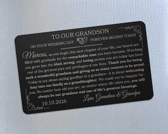 Custom Grandson Wedding Day Metal Wallet Card, Personalized Groom Gift From Grandparents, To Grandchild Keepsake From Grandma and Grandpa