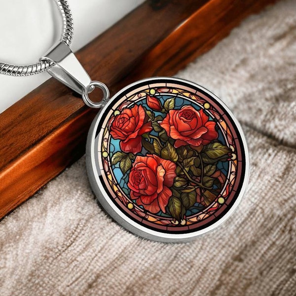 Rose June Birth Flower Faux Stained Glass Personalized Pendant Necklace Gift For Birthday Gifts For Daughter Gift For Mom Gifts Rose Jewelry