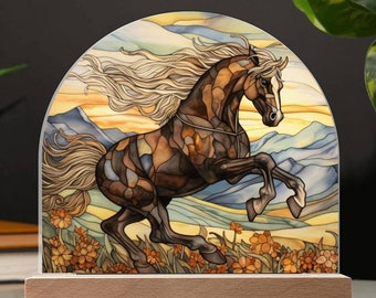 Plaque acrylique en faux vitrail Cheval dans un pré, cadeau pour amateur de chevaux, cadeau pour fan d'animaux, cadeau d'anniversaire, veilleuse de cheval