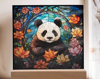 Panda Stained Glass Acrylic Plaque Panda LED Night Light Gift For Panda Lover Gift For Home Decor Floral Panda Decoration Gift For Her