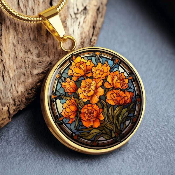 Marigold October Birth Flower Faux Stained Glass Personalized Pendant Necklace Gift For Birthday Gifts For Daughter Gift For Mom Gifts