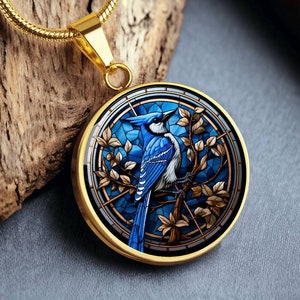 Blue Jay Faux Stained Glass Personalized Pendant Gift For Bird Lover Gifts For Nature Lover Gifts For Birthday Present For Mom Gifts For Her