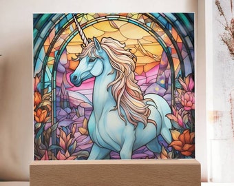 Plaque acrylique licorne pastel en faux vitrail pour décoration de chambre d'enfant, cadeau pour jeune fille, cadeau de Noël pour fille, veilleuse licorne