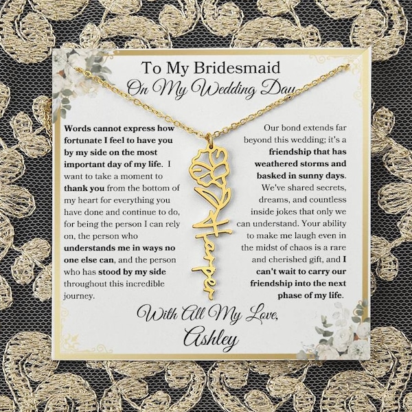 Bridesmaid Wedding Day Gift From The Bride For Bridesmaid Personalized Birth Flower Name Necklace Gift For Bridal Party Memory Keepsake Gift