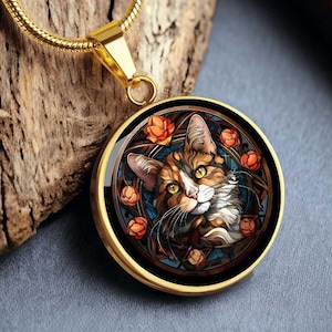 Calico Cat Personalized Pendant Necklace Faux Stained Glass Calico Cat Jewelry For Memorial Keepsake Gift For Cat Mom Gift For Christmas