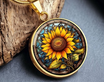 Sunflower Faux Stained Glass Personalized Pendant Necklace Gift For Mom Birthday Present For Mother's Day Gift For Daughter Jewelry