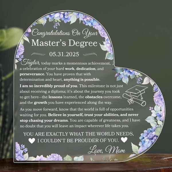 Master-Abschluss-personalisierte Plakette für Master-Abschlussgeschenk für Master-Abschluss-Graduierten-Erinnerungs-Andenken für Tochter / Enkelin Geschenke