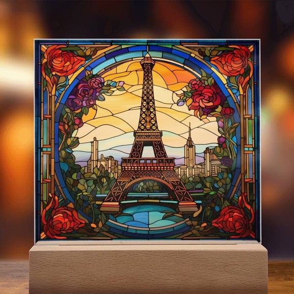 Eiffel Tower Faux Stained Glass Acrylic Plaque For Home Decoration Gift For Traveler Paris Souvenir Nightlight LED Plaque Paris Art Decor