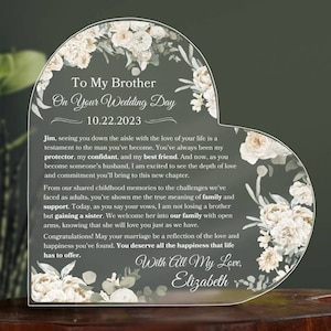 Para mi hermano en el día de tu boda Placa personalizada para el día de la boda de tu hermano Regalo de hermana a hermano Regalo de recuerdo de boda para él