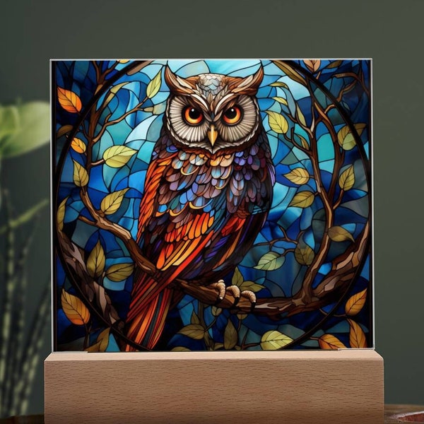 Owl Faux Stained Glass Acrylic Plaque Gift For House Warming Gift For Owl Nightlight Gift For Christmas Gift For Birthday Home Decor Gifts