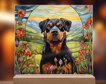 Plaque acrylique en faux vitrail Rottweiler cadeau pour amoureux des chiens cadeaux pour chien personne décoration chien veilleuse cadeau pour animal de compagnie maman décor