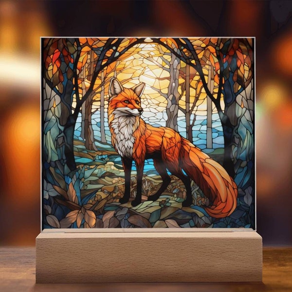 Fox In The Woods Faux Stained Glass Acrylic Plaque Gift For Animal Lover Decoration For House LED Fox Nightlight Gift For Birthday Gifts