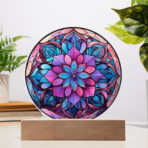 Bisexual Flag Colors Floral Mandala Faux Stained Glass Acrylic Plaque