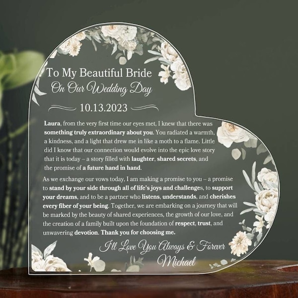 To My Bride Personalized Heart Plaque Gift For Bride Wedding Day Gift From Groom To Bride Plaque Wedding Keepsake For Future Wife Gift