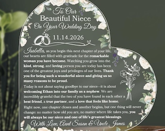 Custom Niece Wedding Day Gift, Personalized Birth Flower Niece Heart Plaque, To Bride From Aunt and Uncle, Unique Birthflower Keepsake Gifts