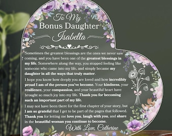 Custom Bonus Daughter Heart Plaque, Stepdaughter Personalized Gift From Stepmom, Birth Flower Gift, Unique Christmas Gift, Memory Keepsake