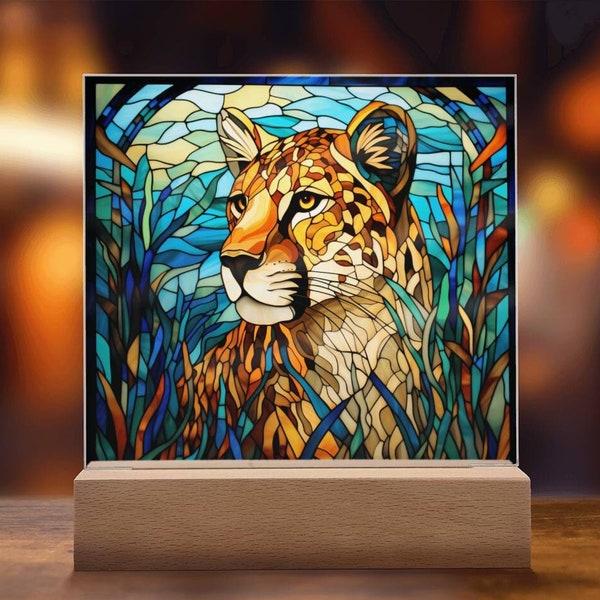 Plaque acrylique en faux vitrail guépard cadeau pour amateur de gros chats décoration pour animal veilleuse LED pour chambre de bébé cadeau pour cadeau d'anniversaire