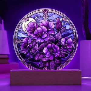 Violette Blumen Faux Buntglas Februar Geburtsblume Acryl Plakette Für Februar Geburtstagsgeschenk für Tochter Geschenke für Mama LED Nachtlicht