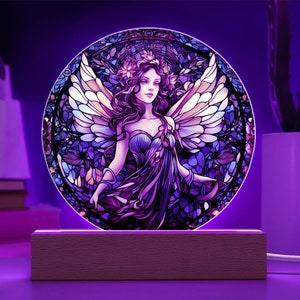 Fairy Faux Stained Glass LED Circle Acrylic Plaque Gift For Fantasy Lover Gifts For Winged Fairy Nightlight Gift For Mythical Creature Decor