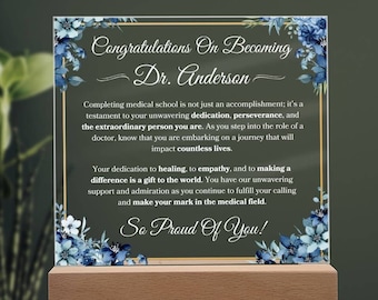 Graduierung der medizinischen Fächer Personalisierte Plakette für neuen Doktor-Abschluss-Gedächtnis-Andenken für neuen Med-Schulabgänger für Geburtstagsgeschenk