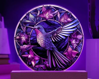 Hummingbird Faux Stained Glass LED Circle Acrylic Plaque Gift For Bird Lover Gift For House Decoration Gifts For Birthday Gift For Mom