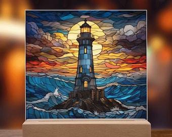 Lighthouse In The Ocean Faux Stained Glass Acrylic Plaque For Lighthouse Decoration Gift For Birthday Present Gift For Housewarming Decor