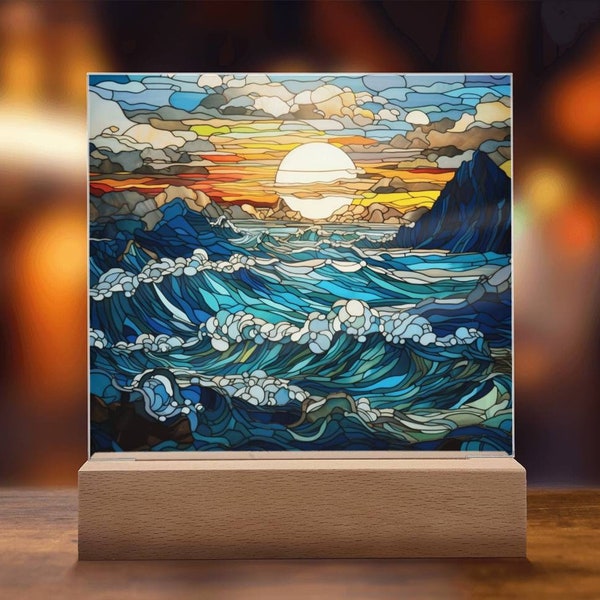 Ocean Landscape Faux Stained Glass Acrylic Plaque For Sea Sunset Decoration For Ocean Lover Gift For Birthday Present LED Nightlight Decor