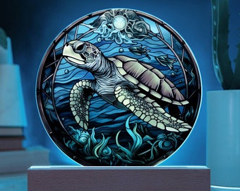 Tortue de mer faux vitrail cercle plaque acrylique cadeau pour amoureux des animaux cadeau pour anniversaire cadeaux pour tortue décoration veilleuse LED
