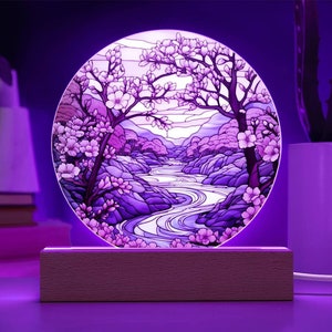 Targa circolare con fiori di ciliegio in fiore, regalo per gli amanti dei fiori di ciliegio, regalo per la decorazione giapponese, luce notturna a LED per la decorazione del ventilatore giapponese