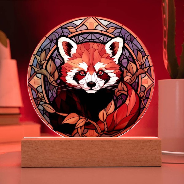 Red Panda Faux Stained Glass Circle LED placa acrílica regalo para la decoración del amante de los animales para la decoración de la habitación de la guardería para el regalo de cumpleaños decoración LED