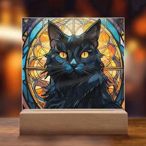 黒猫のフェイクステンドグラスアクリルプレート、猫好きの方への装飾、長毛の黒猫のお母さんへのプレゼント、ペットの飼い主へのプレゼント