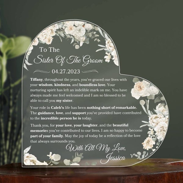 Sister Of The Groom Personalized Plaque For Wedding Day Gift For Sister In Law Memory Keepsake Gift From Bride To Groom's Sister Gifts