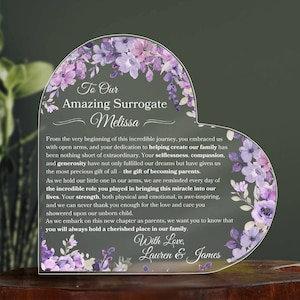 Targa personalizzata per madre surrogata, regalo di ringraziamento per la maternità surrogata, regalo dalla coppia alla madre surrogata, ricordo dei genitori