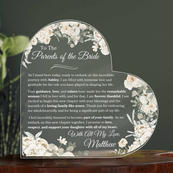 Parents Of The Bride Personalized Heart Plaque Gift For Parents-In-Law Wedding Keepsake Gift From Groom To Parents Wedding Day Gift For Her