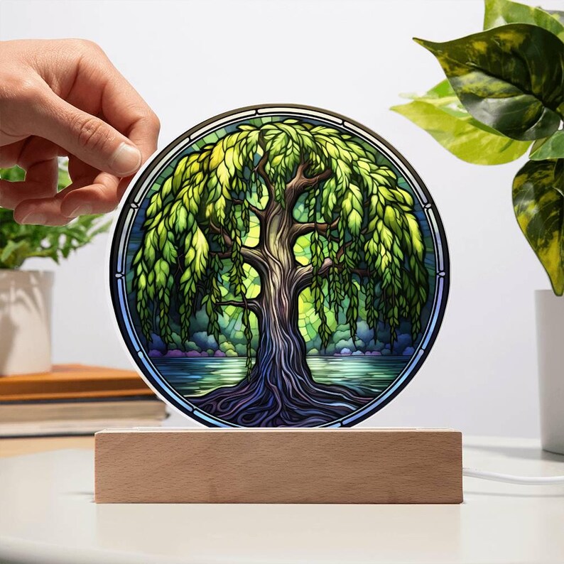 Weeping Willow Tree Lamp Faux Stained Glass Weeping Willow LED ...