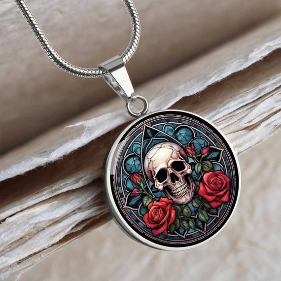 Gothic Skull and Rose Faux Stained Glass Personalized Pendant Necklace for Daughter Birthday Present for Girlfriend Custom Gothic Jewelry Etsy