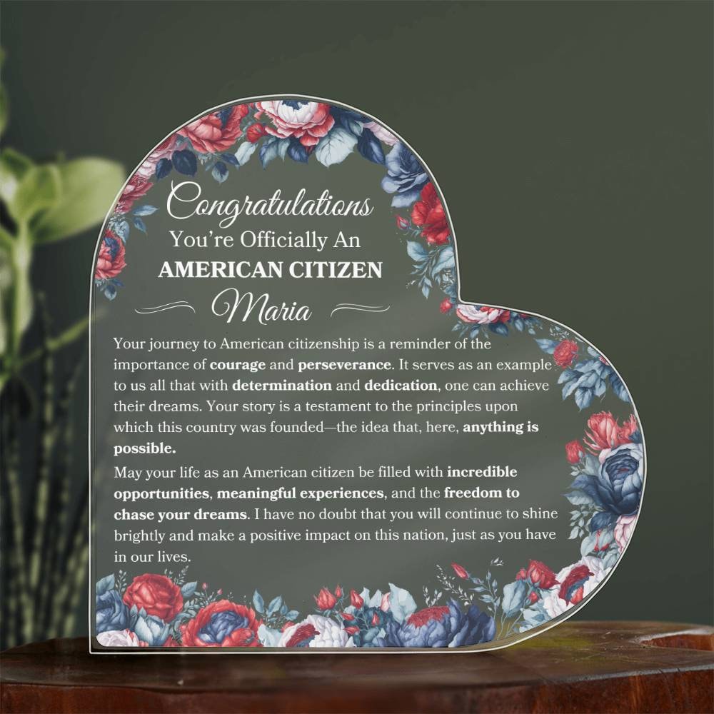 New Citizen Gift Personalized Heart Plaque Gift For A New American Citizen Gift For Female Immigrant Citizen Gift For New USA Citizenship