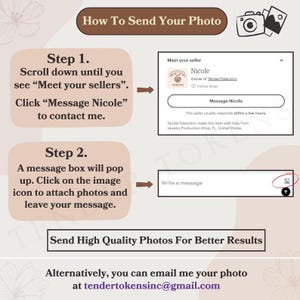 May include: A pink and white graphic with instructions on how to send a photo to a seller on Etsy. The graphic includes a screenshot of the Etsy app with a message box and an image upload icon. The text reads "How To Send Your Photo", "Step 1. Scroll down until you see "Meet your sellers". Click "Message Nicole" to contact me.", "Step 2. A message box will pop up. Click on the image icon to attach photos and leave your message.", "Send High Quality Photos For Better Results", and "Alternatively, you can email me your photo at tendertokensinc@gmail.com".