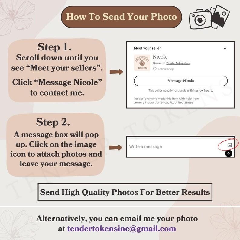 May include: A pink and white graphic with instructions on how to send a photo to a seller on Etsy. The graphic includes a screenshot of the Etsy app with a message box and an image upload icon. The text reads "How To Send Your Photo", "Step 1. Scroll down until you see "Meet your sellers". Click "Message Nicole" to contact me.", "Step 2. A message box will pop up. Click on the image icon to attach photos and leave your message.", "Send High Quality Photos For Better Results", and "Alternatively, you can email me your photo at tendertokensinc@gmail.com".