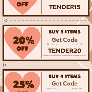 K&ouml;nnte beinhalten: Werbegutscheine mit herzf&ouml;rmigen Designs und unterschiedlichen Rabattprozenten. Die Gutscheine bieten 15%, 20% und 25% Rabatt mit entsprechenden Codes. Der Text "TENDER TOKENS" befindet sich am unteren Rand des Bildes.