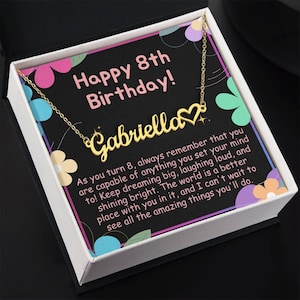 Presente de 8º aniversário para o oitavo aniversário, colar personalizado com nome em coração, presente para uma criança de 8 anos, joias de aniversário, lembrança de memória para presentes de filha