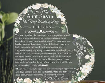 Custom Aunt Wedding Day Gift, Personalized Bride To Aunt Heart Plaque, Unique Birth Flower Wedding Gift, To Aunt From Niece Keepsake Gifts